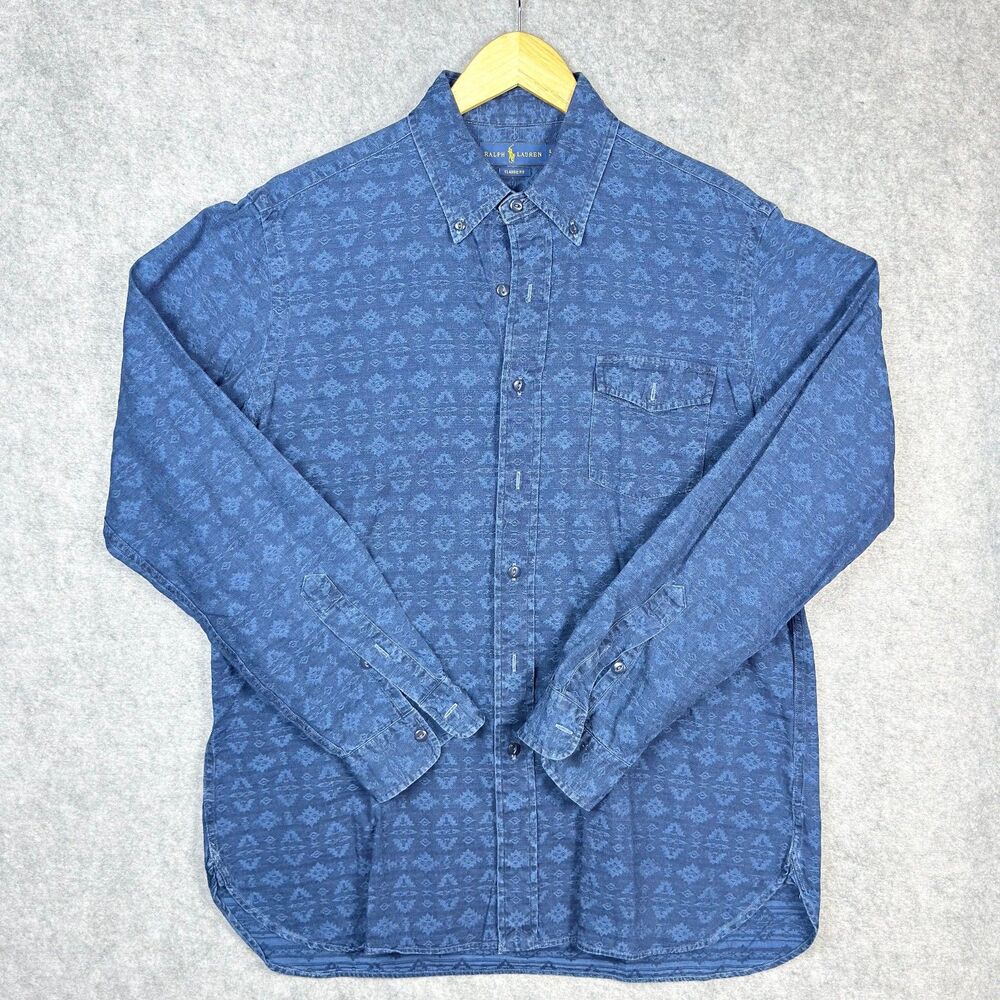 Polo Ralph Lauren Large Blue Indigo Denim Southwestern Aztec Button down Shirt